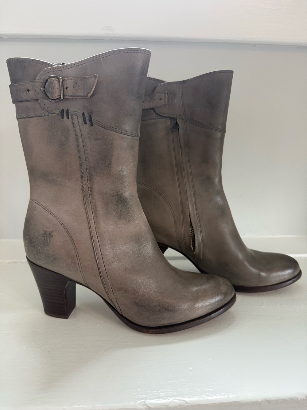Frye Gray Leather Mid-Calf Heeled Boots with Buckle